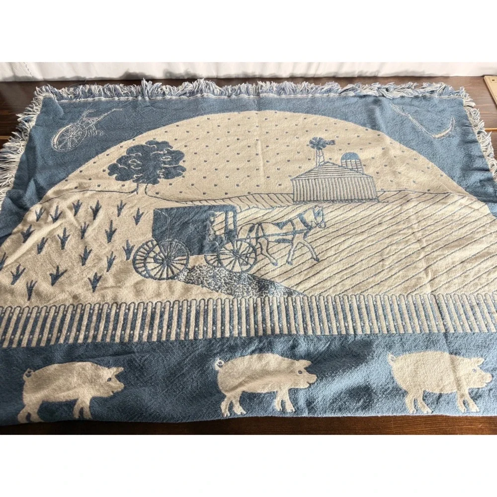 Vintage Woven Tapestry Throw‎ Blanket Country Farm Animals Blue Cream Fringed